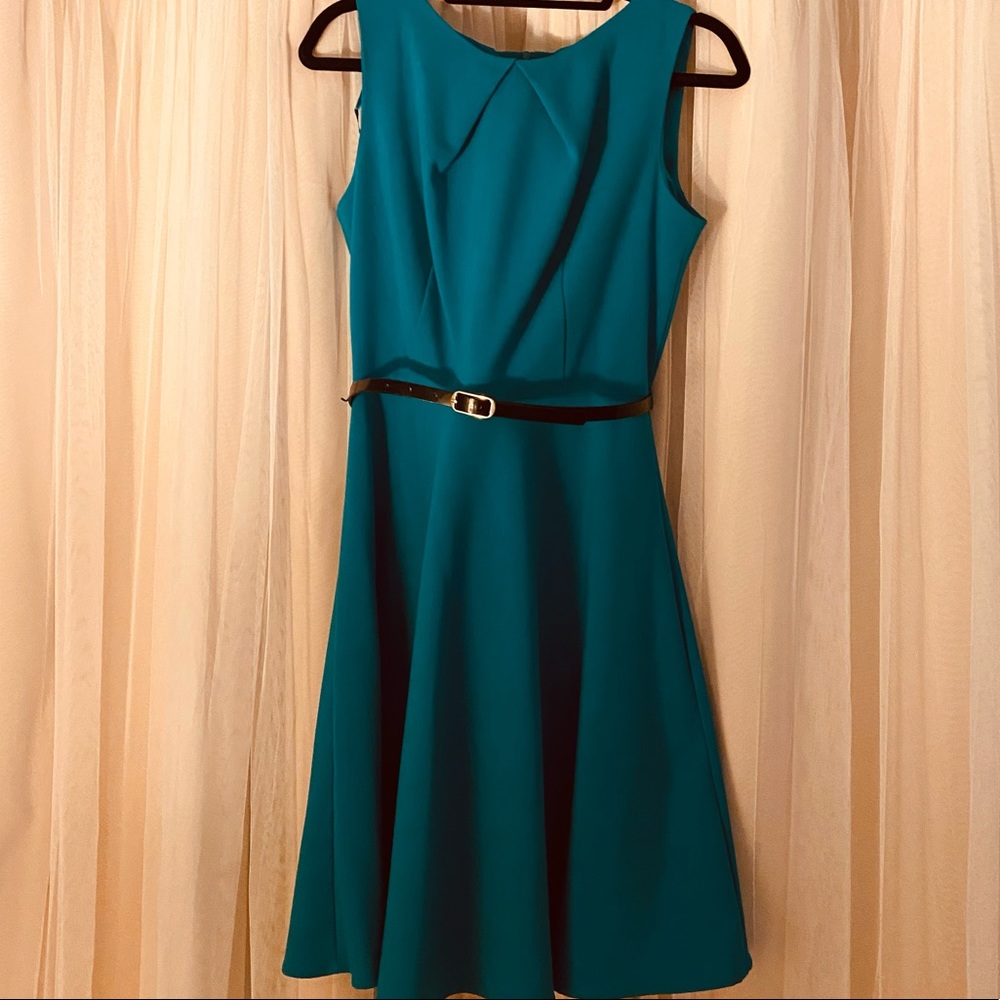 Blue pleated, A-line skirt belted dress. 10